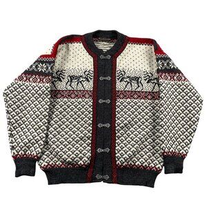 VTG Nordstrikk Cardigan Sweater Womens XL 100% Pure Wool Reindeer Norway